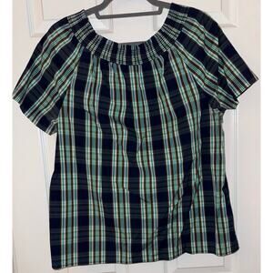 Talbots Off /On Shoulder SS Smocked Cotton Stretch Tartan Plaid Blouse Sz. Lg.